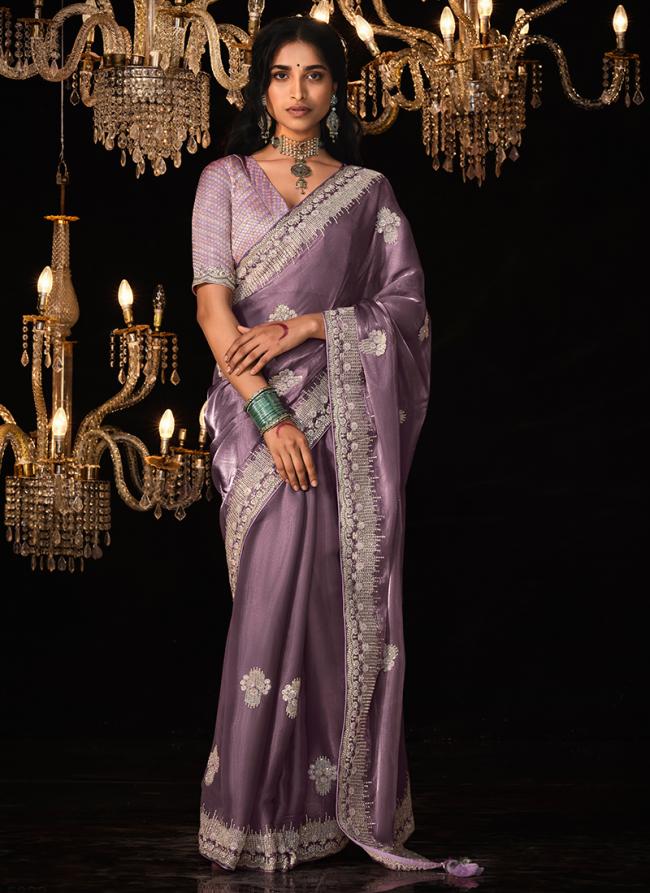 Glass Tissue Light Levender Wedding Wear Sequence Embroidery Work Saree